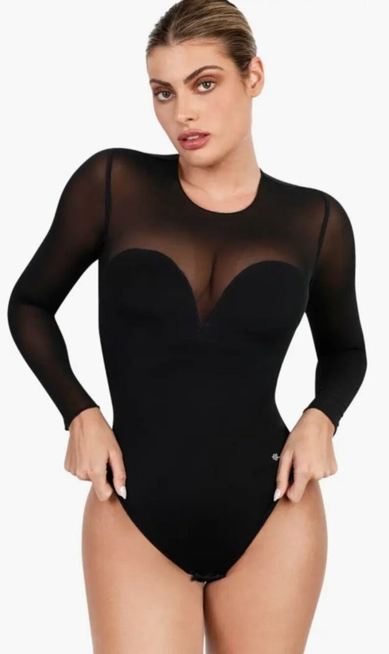 Popilush Shapewear Illusion Mesh Long Sleeve Tummy Control Bodysuit Sz XL
